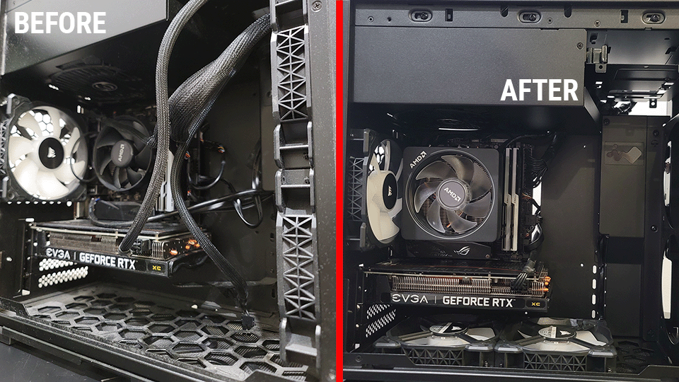 A neglected computer covered in dust with poor cable management and an undersized CPU cooler. After: Transformed with thorough dust removal, optimized cable management for improved airflow, and upgraded to a more efficient CPU cooler for enhanced performance and cooling.